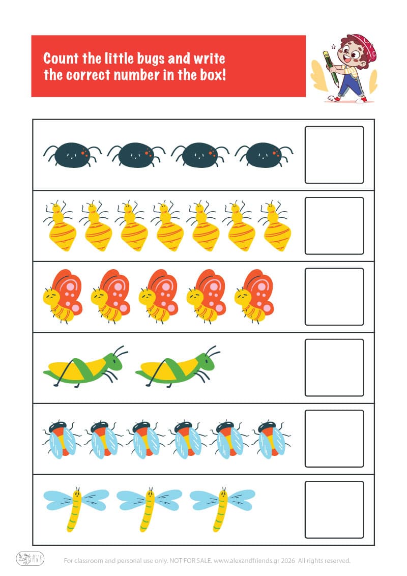 Count the bugs. Printable worksheets and activities that help kids practice number recognition and early math skills.