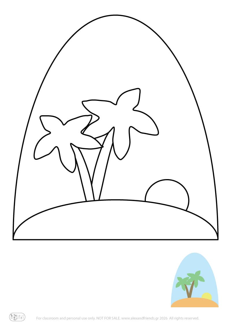 Εκπαιδευτική δραστηριότητα για παιδιά. Δωρεάν εκτυπώσιμο φύλλο ζωγραφικής με νησί