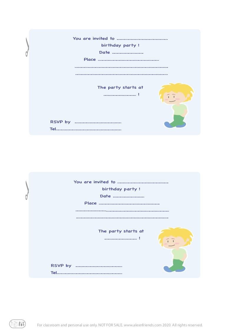 Free printable kid's birthday invitation in english with blond boy in light blue background.