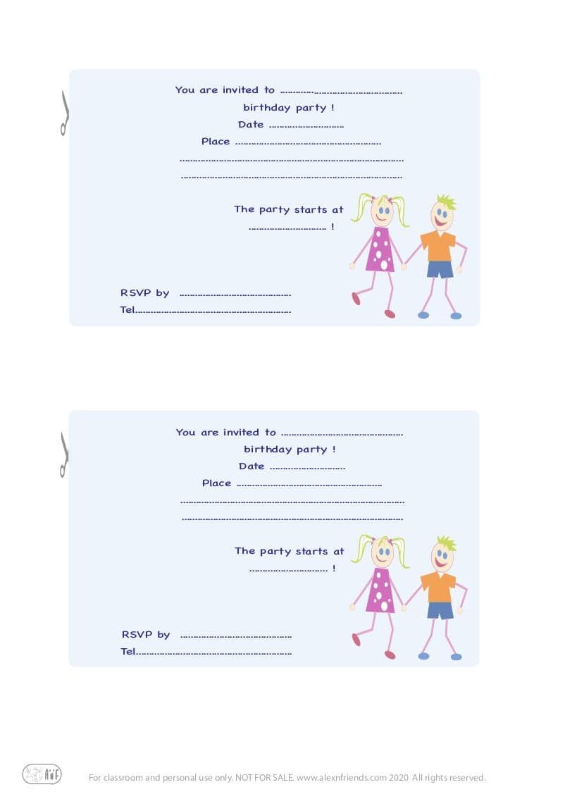 Free printable birthday invitation in english with happy boy and girl in blue background.