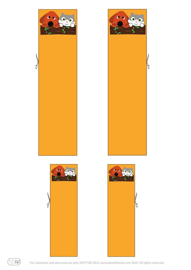 Free printable cute bookmarks for kids. Cat and dog. Orange.