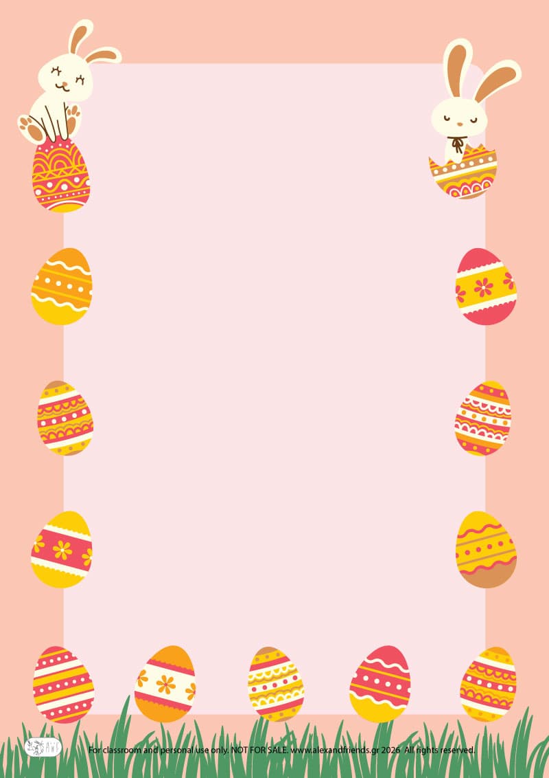 Bunnies and Eggs. Printable Easter writing paper for kids with festive spring designs