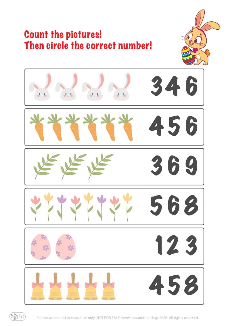 Count the pictures. Printable Easter preschool worksheet 