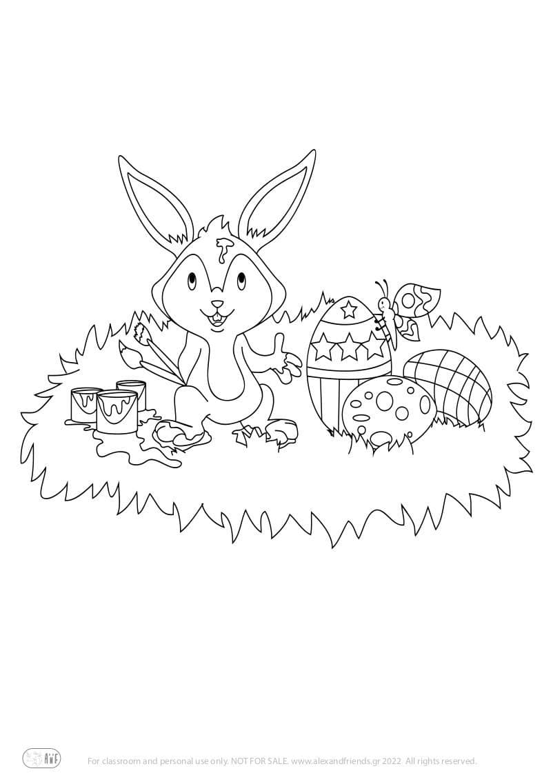 Free printable coloring page for kids for Easter. Bunny with eggs.