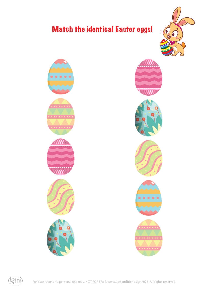 Match the Indentical Eggs. Printable Easter preschool worksheet 