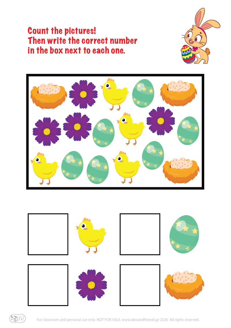 Count the pictures. Printable Easter preschool worksheet 