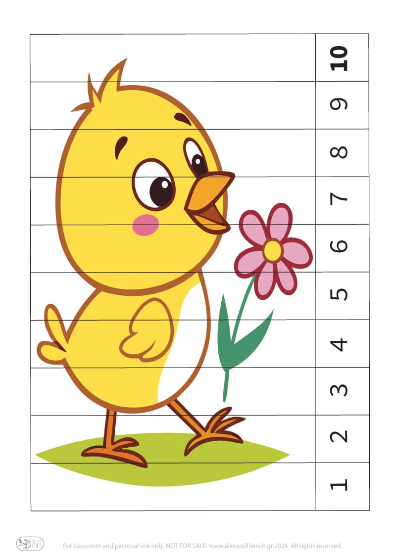 Easter chick - numbers 1-10. Colorful Easter number puzzle printable for preschool children learning numbers