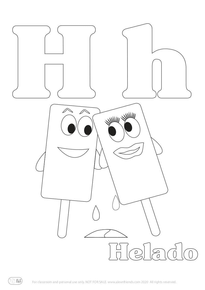 Learning Spanish alphabet for kids. Free printable coloring page with letter H h and ice cream