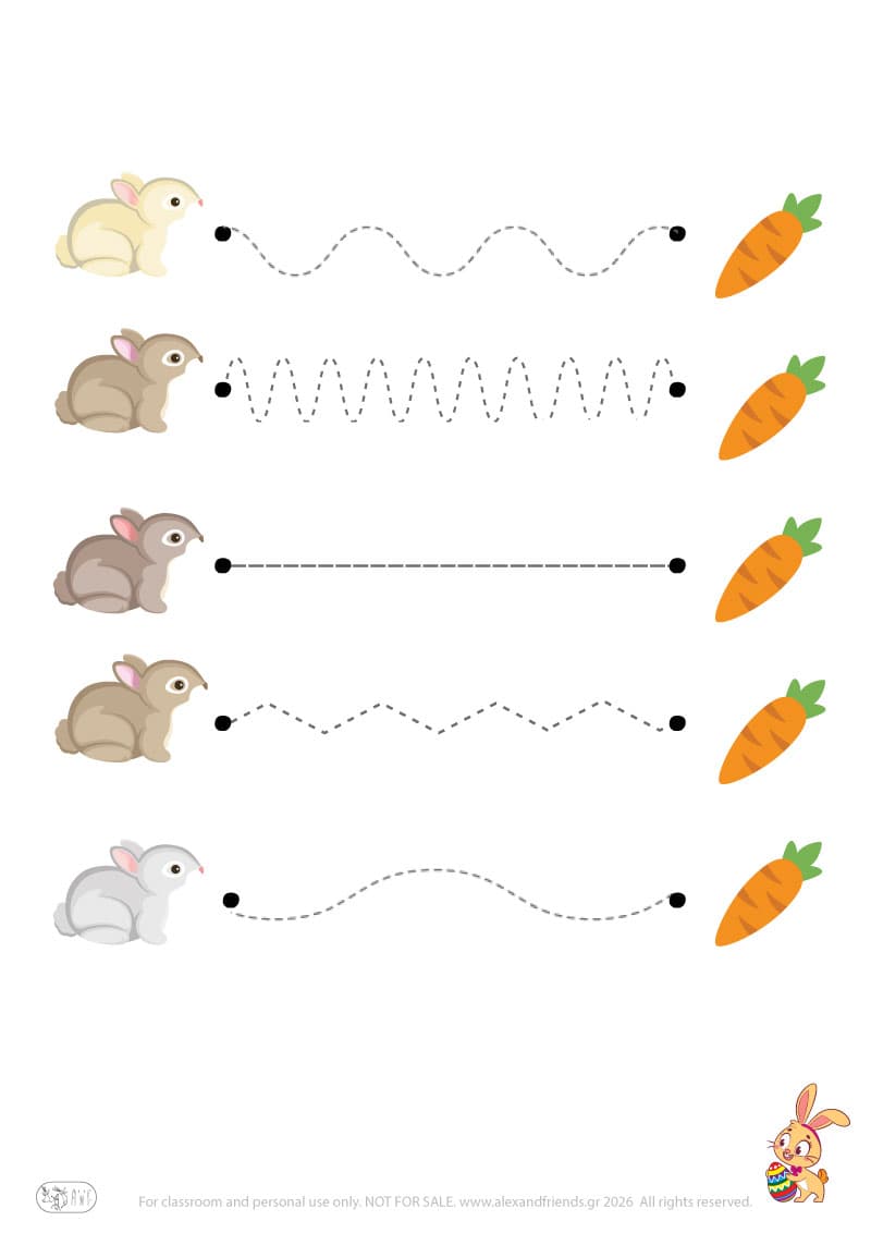 Bunny - carrot. Easter pre-writing worksheets for kids