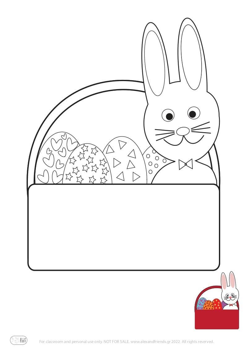 Free printable coloring page for Easter for kids. Basket, bunny, eggs.