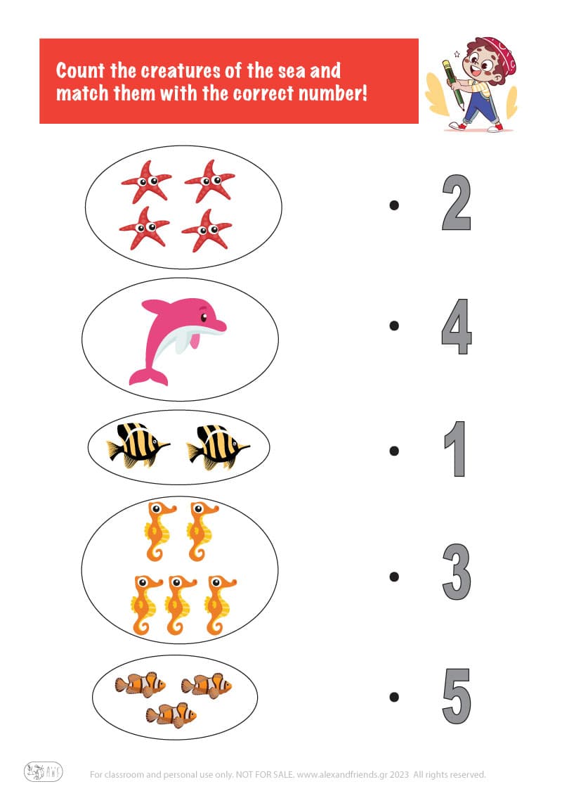Count the creatures of the sea. Printable worksheets and activities that help kids practice number recognition and early math skills.