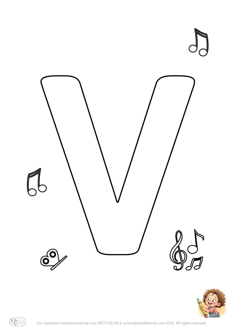Letter V. Printable English alphabet coloring pages for children learning letters