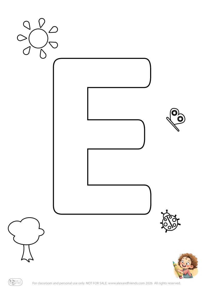 Letter E. Printable English alphabet coloring pages for children learning letters