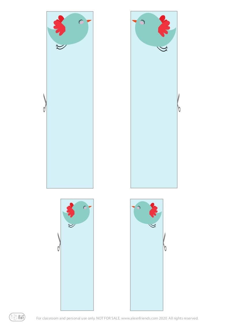 Free printable cute bookmarks for kids. Light blue birds.