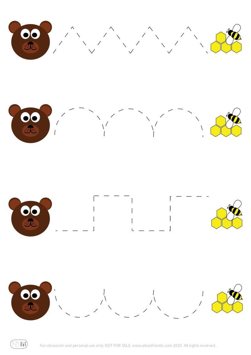 Pre-writing exercise for preschoolers with bear and honey