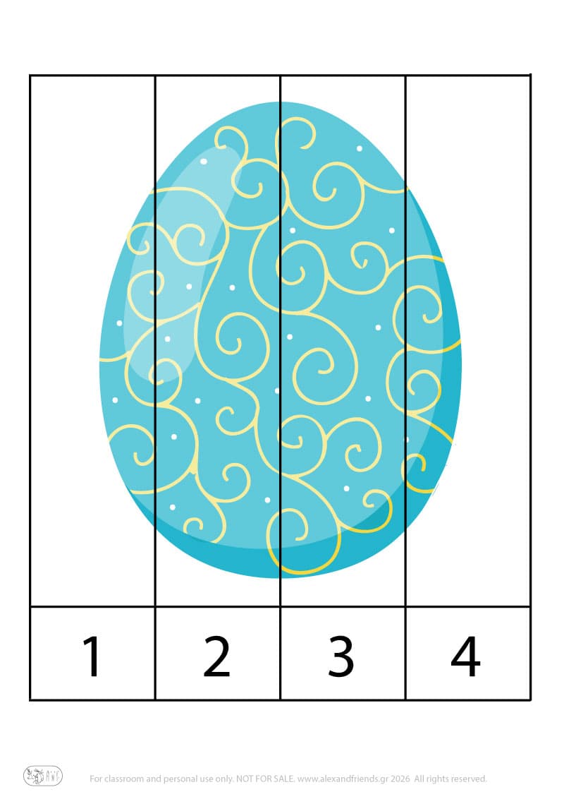 Easter Egg- numbers 1-4. Colorful Easter number puzzle printable for preschool children learning numbers