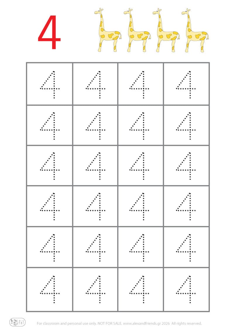 Προγραφική - Αριθμός 4. Δραστηριότητα γραφής αριθμών για νηπιαγωγείο, εκπαιδευτικό φύλλο εργασίας αριθμών