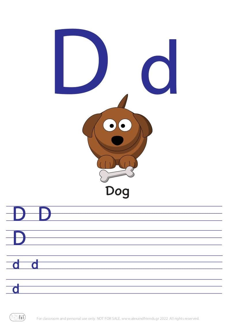 English alphabet. Free printable writing exercise for the letter D d and a dog.