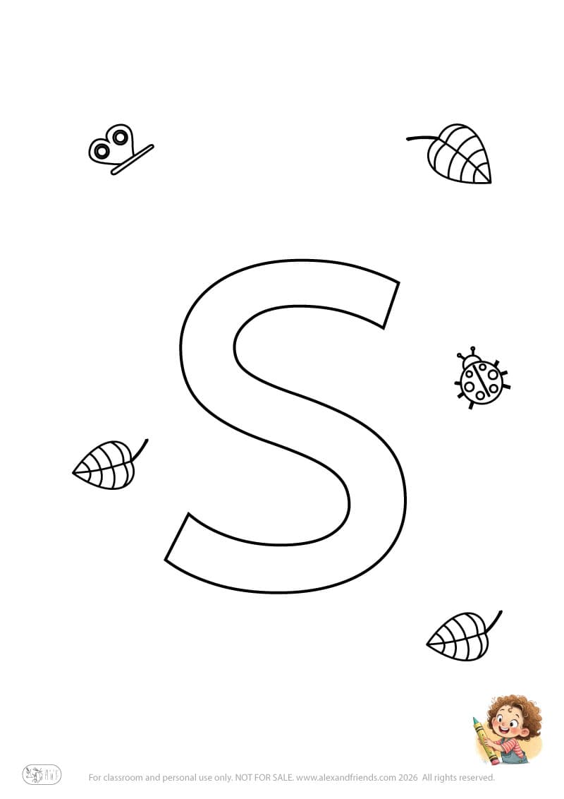 Letter s. Printable English alphabet coloring pages for children learning letters