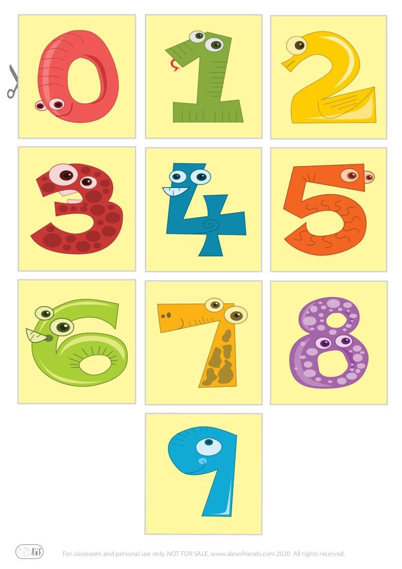 Learning numbers. Cute free printable flash cards for kids with numbers 0 to 9