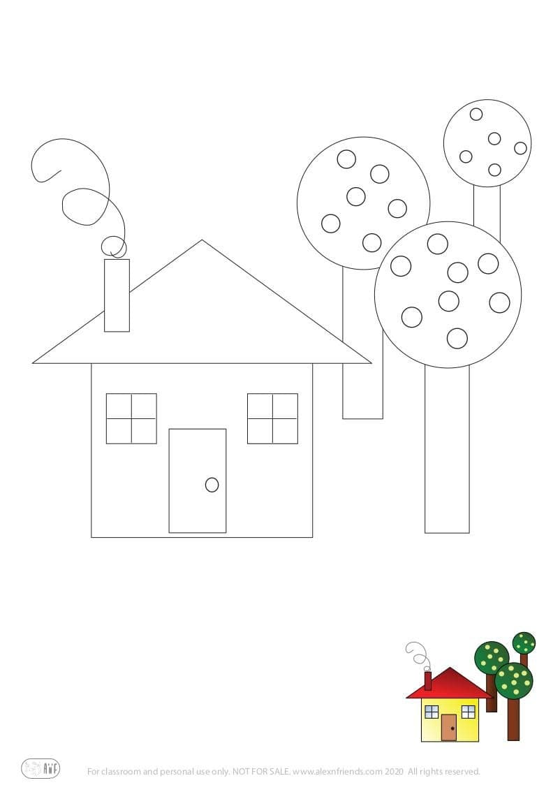 Learning activity for kids. Free printable coloring page of a house and trees