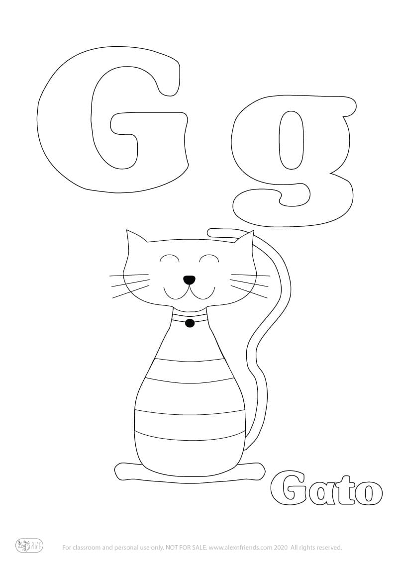 Εκμάθηση της Iσπανικής αλφάβητου για παιδιά. Δωρεάν εκτυπώσιμο φύλλο ζωγραφικής με το γράμμα G g και γάτα