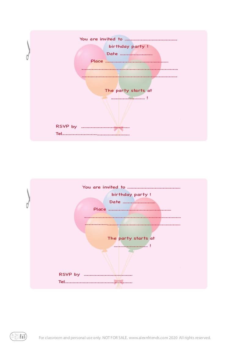 Free printable kid's birthday invitation in english with colorful balloons in pink background.