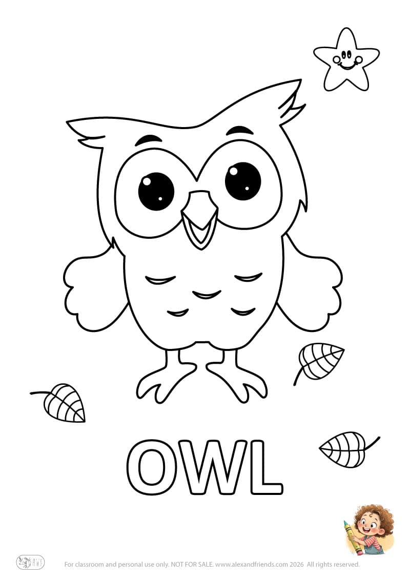 Letter O - OWL. Printable English alphabet coloring pages for children learning letters