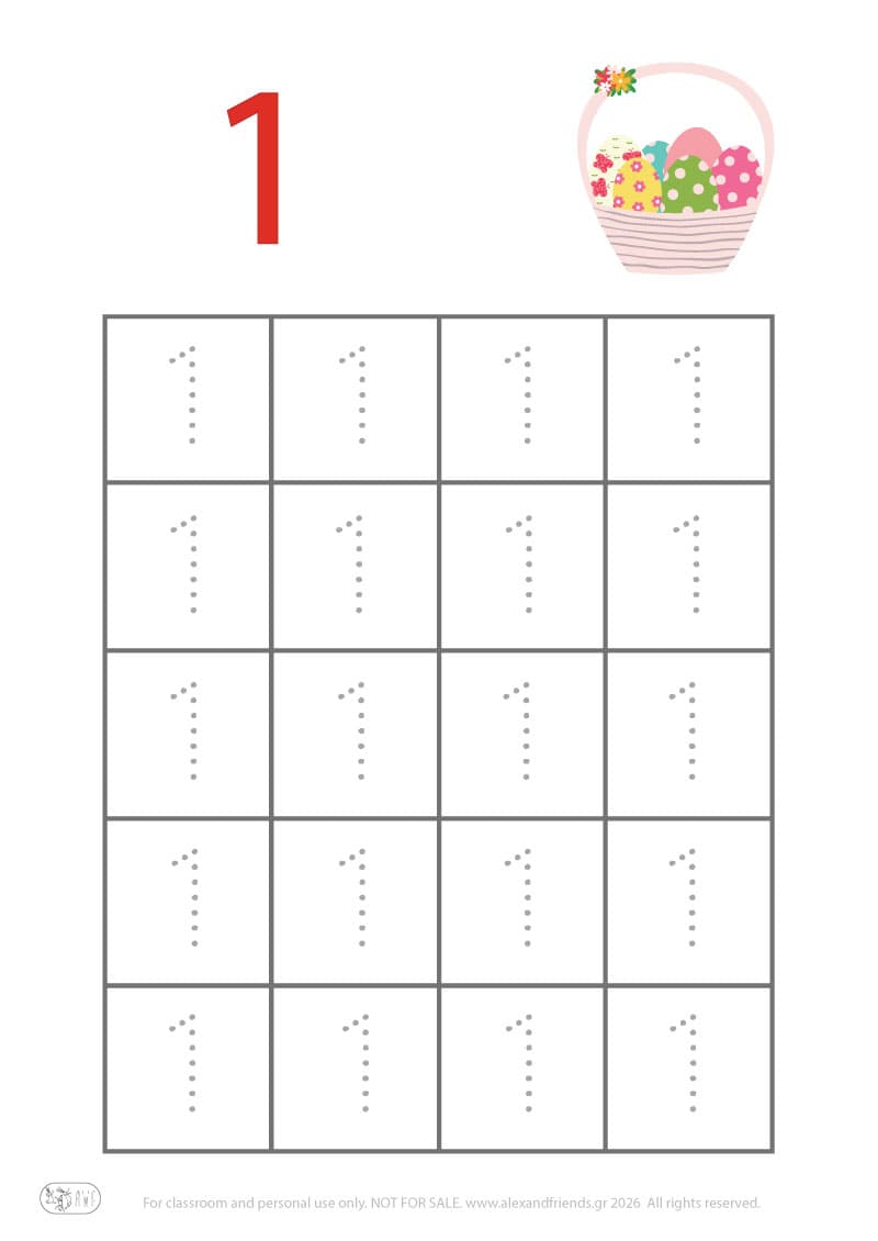 Number 1. Easter pre-writing number worksheets for kids