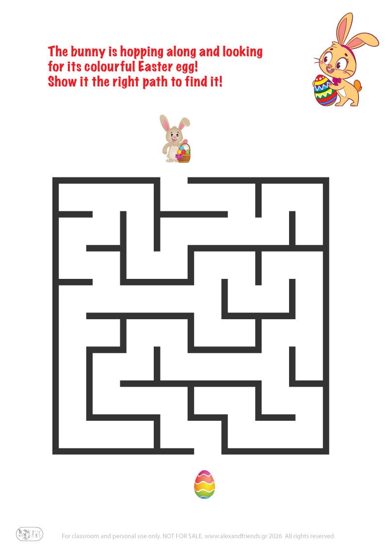 Bunny and Easter egg. Easter maze worksheets for kids 