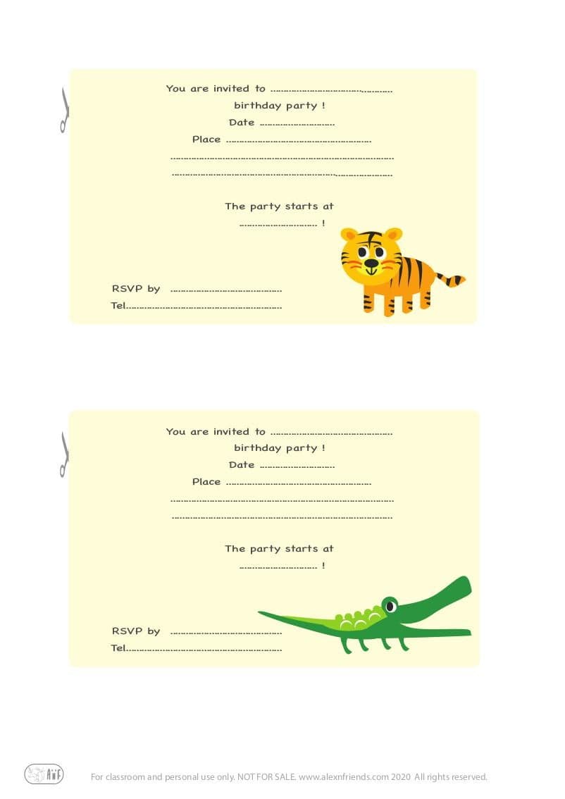 Free printable kid's birthday invitation in english with tiger and crocodile in yellow background.