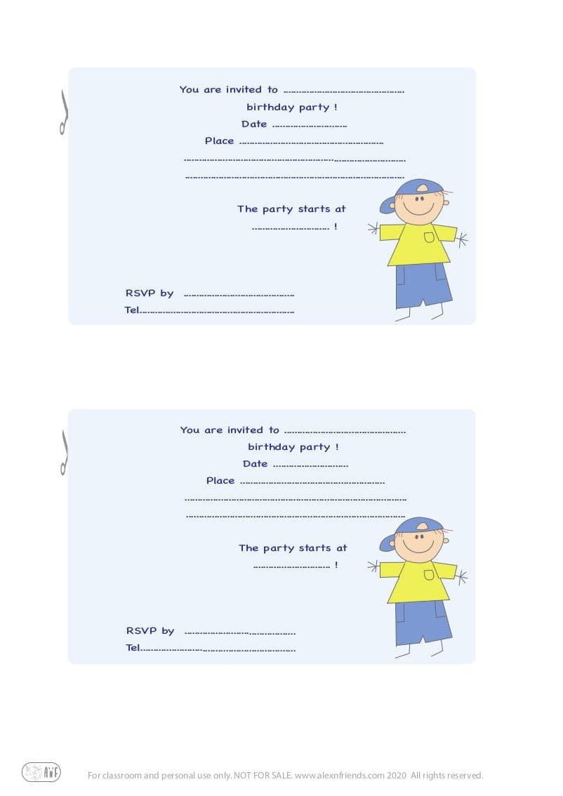 Free printable kid's birthday invitation in english with happy boy in blue background.