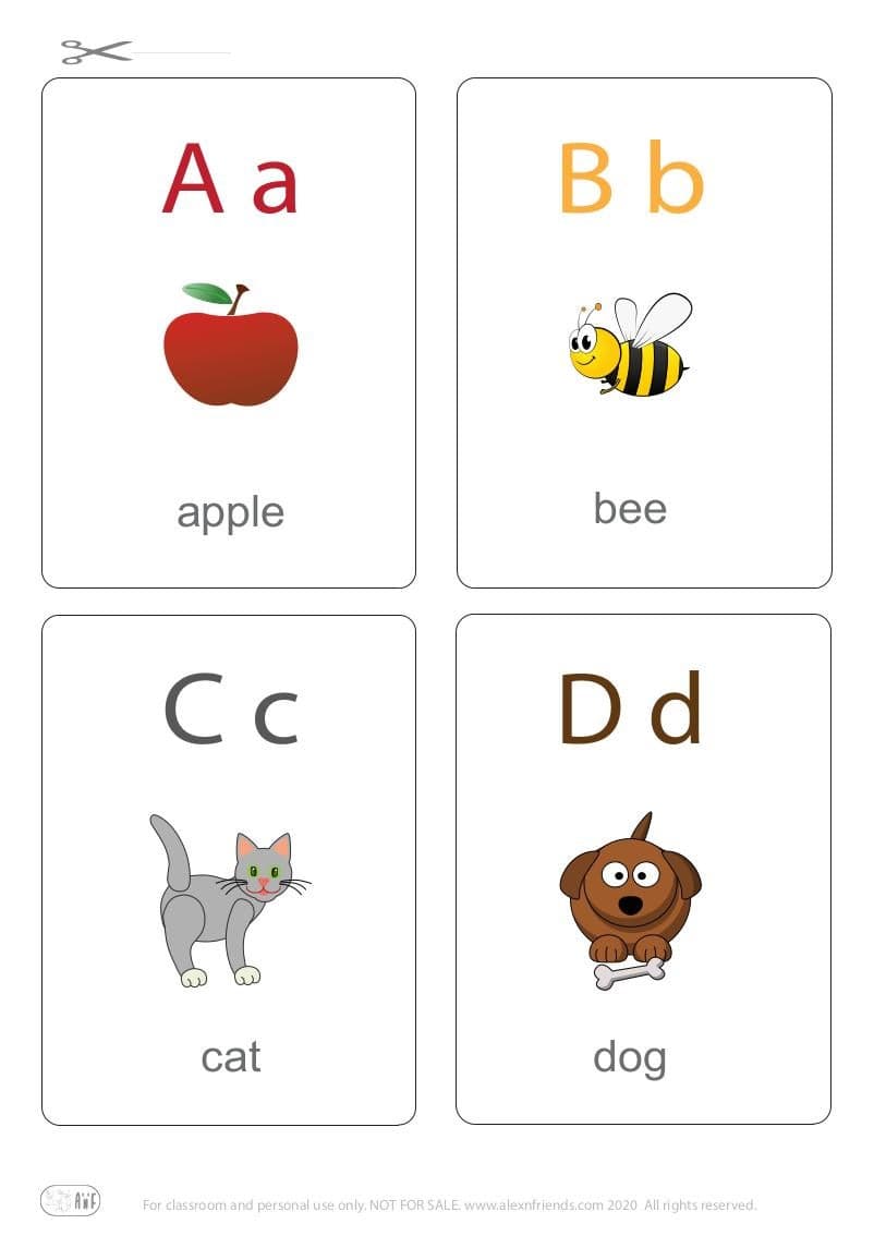 Learning english alphabet for kids. Free printable flash card with letters A a, B b, C c, D d and an apple, bee, cat, dog