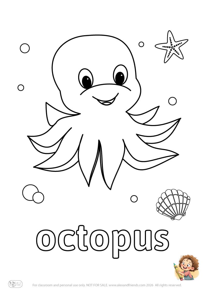 Letter o - octopus. Printable English alphabet coloring pages for children learning letters