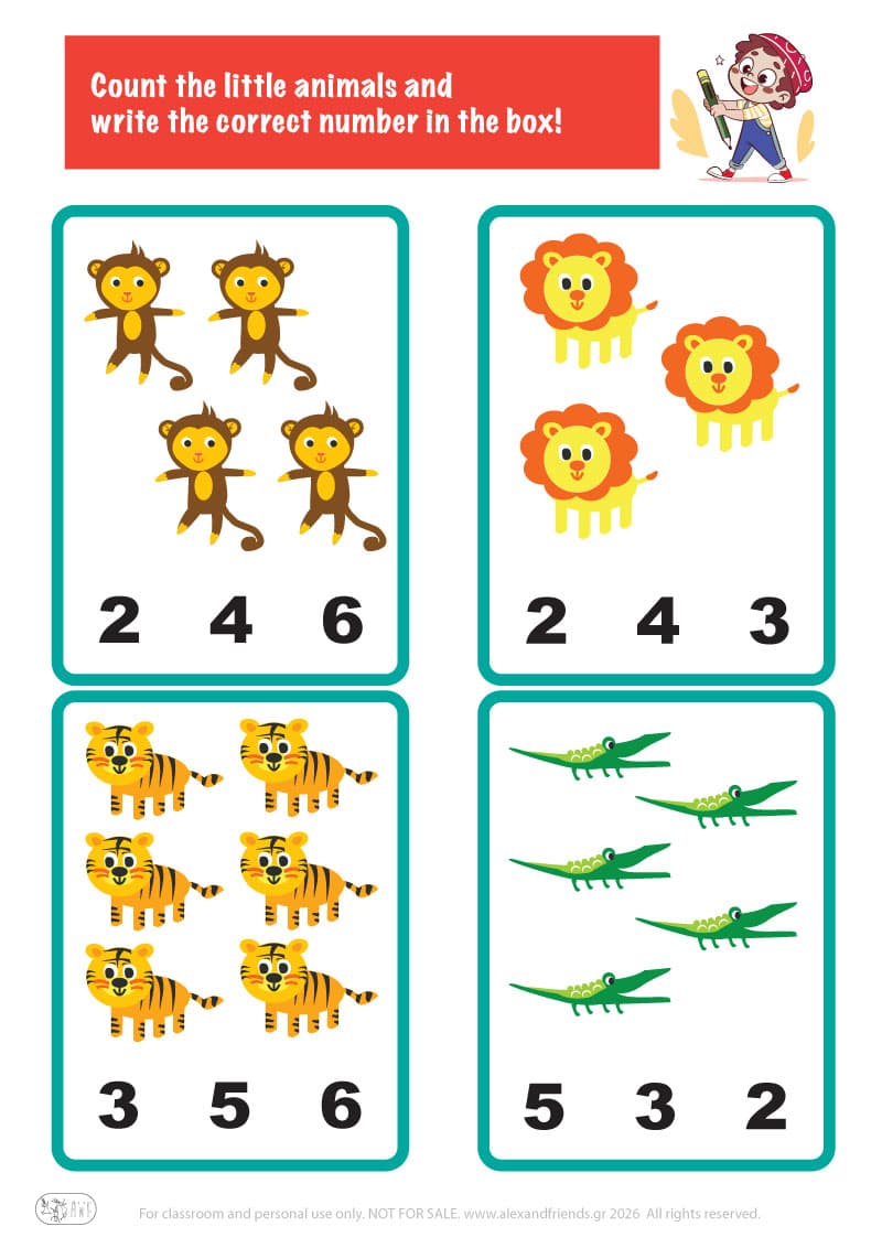 Count the animals. Printable worksheets and activities that help kids practice number recognition and early math skills.
