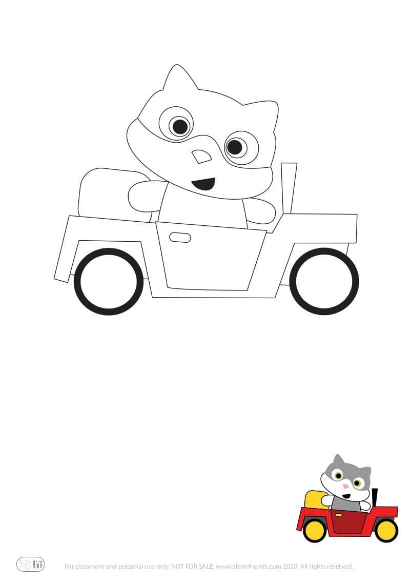 Learning activity for kids. Free printable coloring page of a cat and car