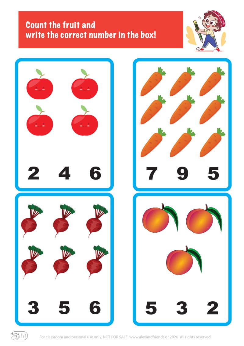 Count the fruits. Printable worksheets and activities that help kids practice number recognition and early math skills.