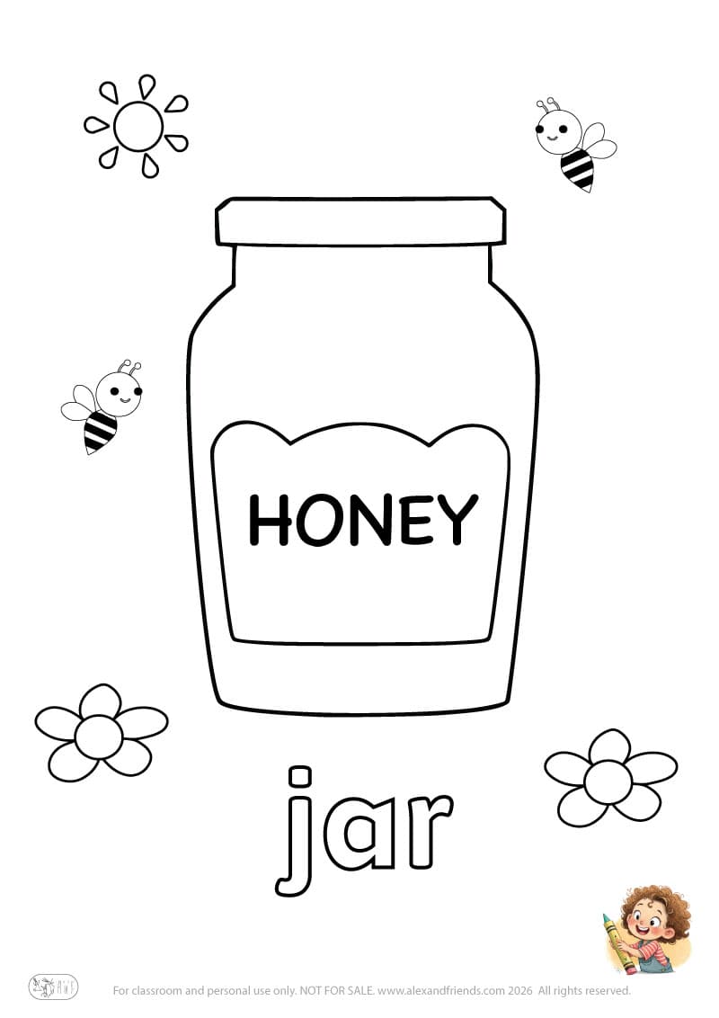 Letter j - jar. Printable English alphabet coloring pages for children learning letters