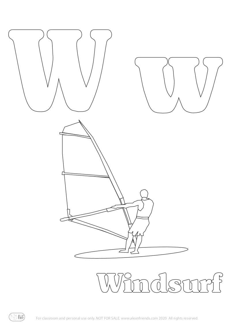 Learning Spanish alphabet for kids. Free printable coloring page with letter W w and windsurf