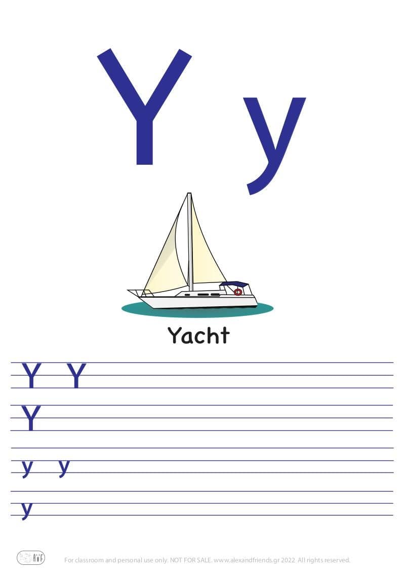 English alphabet. Free printable writing exercise for the letter Y y and a yacht.