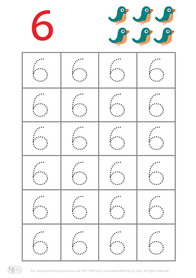Προγραφική - Αριθμός 6. Δραστηριότητα γραφής αριθμών για νηπιαγωγείο, εκπαιδευτικό φύλλο εργασίας αριθμών