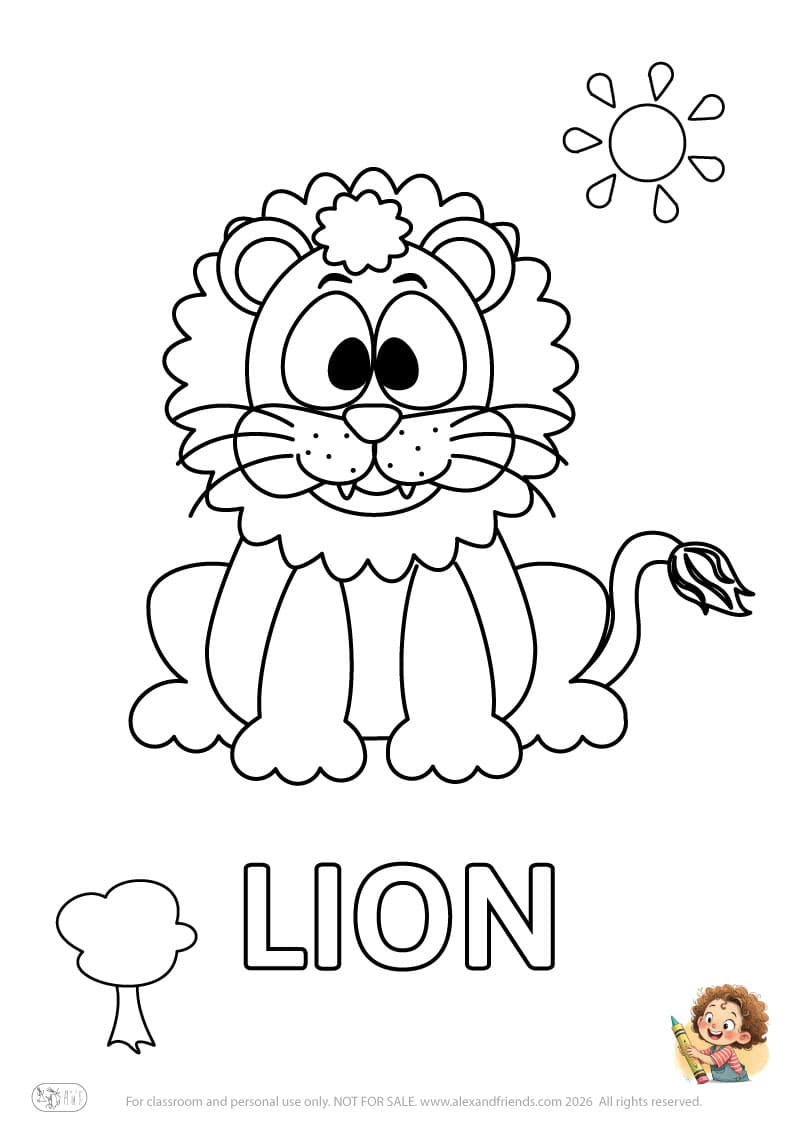 Letter L - LION. Printable English alphabet coloring pages for children learning letters