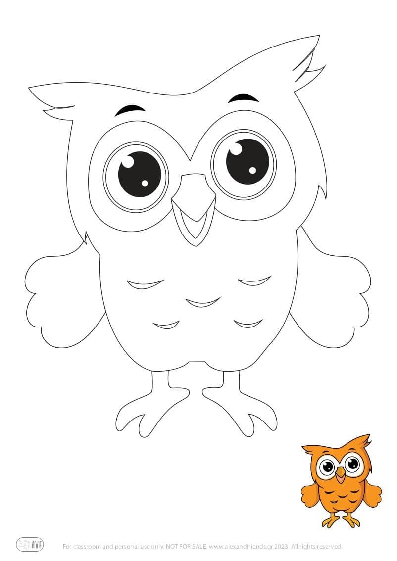 Free Coloring Pages for kids toddlers preschool kindergarten. Owl.