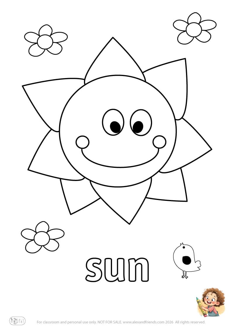 Letter s - sun. Printable English alphabet coloring pages for children learning letters
