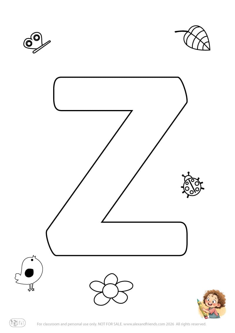 Letter Z. Printable English alphabet coloring pages for children learning letters