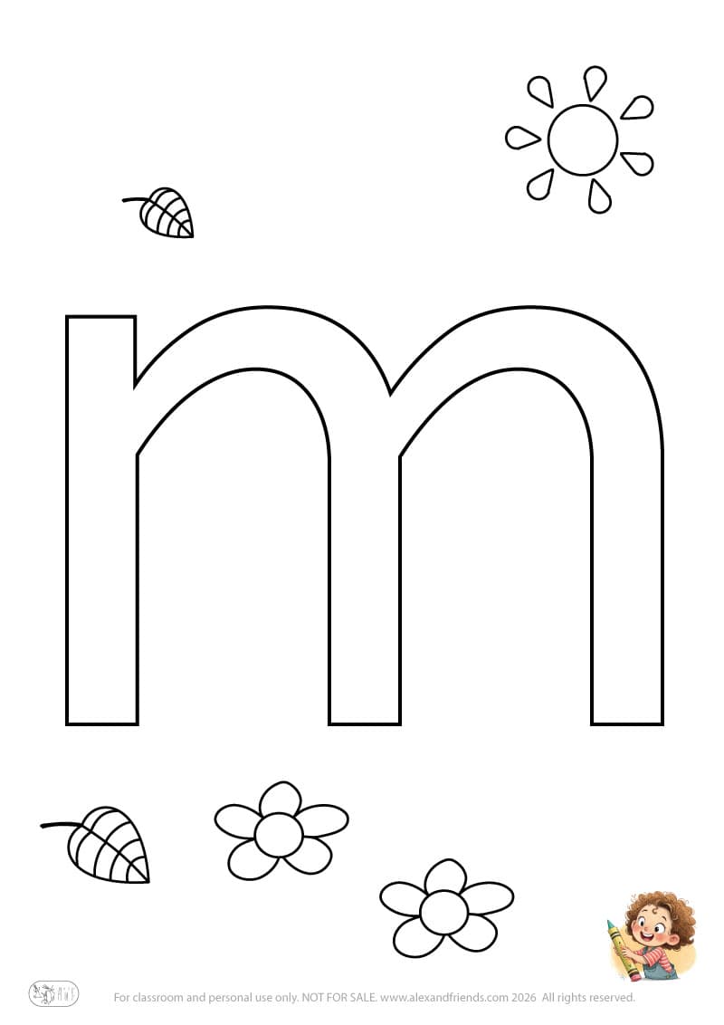 Letter m. Printable English alphabet coloring pages for children learning letters