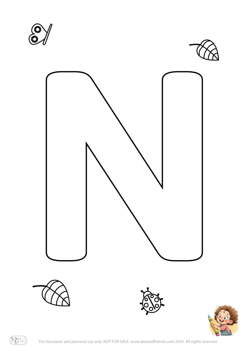 Letter N. Printable English alphabet coloring pages for children learning letters