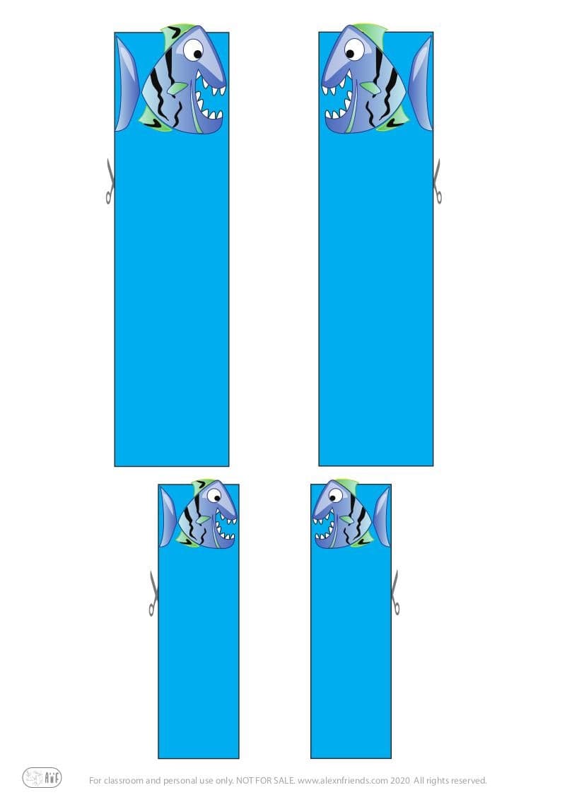 Free printable cute bookmarks for kids. Blue happy fish.