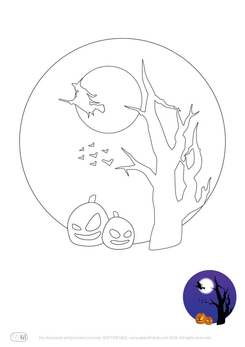Halloween. Free printable coloring page for kids. Scary Halloween scene with witch and scary pumpkins.