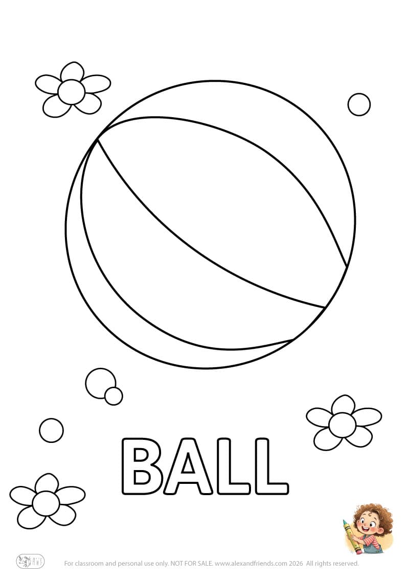 Letter B - BALL. Printable English alphabet coloring pages for children learning letters